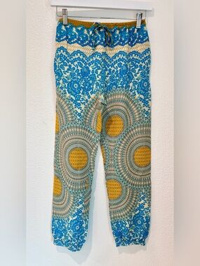 Aladdin Hippie Harem Pants Womens Boho Beach Casual Mandala Pull On Blue Gold XS